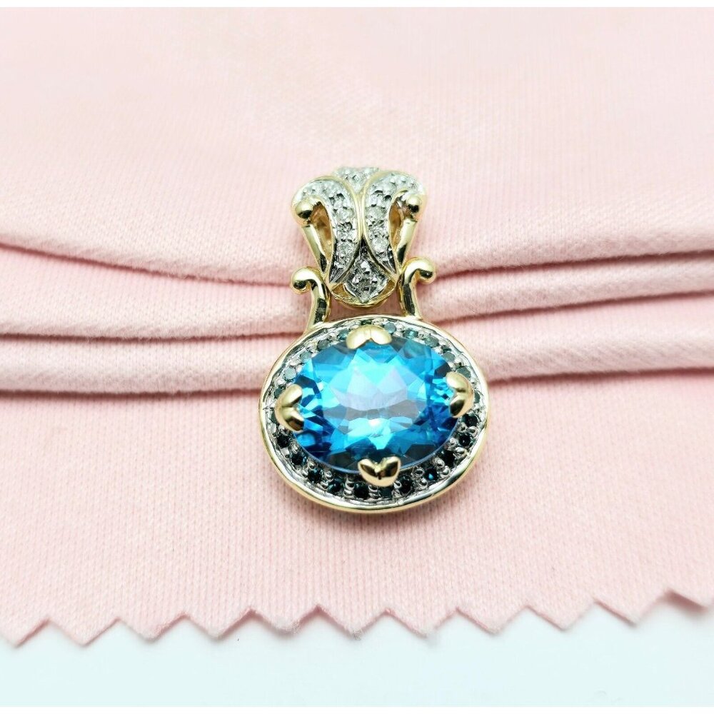 Unique 14K Solid Two Tone Multi Color Gold Blue Topaz & Diamond Charm Pendant